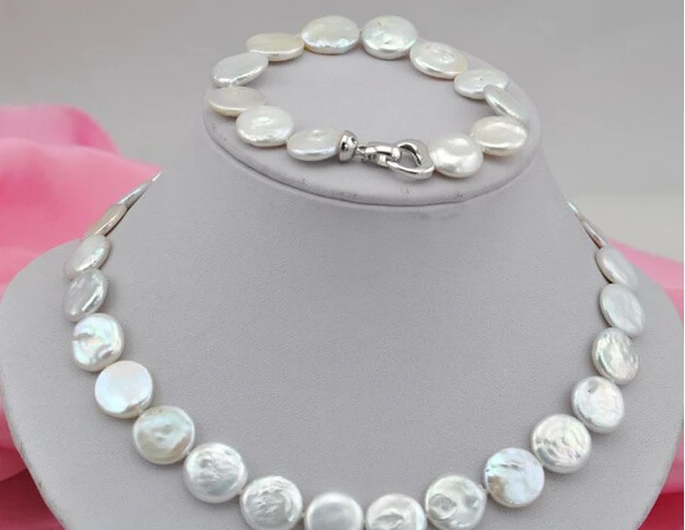 

shipping17"15mm coin white freshwater pearl necklace 8" bracelet (A0516) -Top quality free shipping