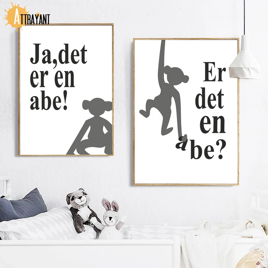 

Monkey Danish Language Quotes Wall Art Canvas Painting Nordic Posters And Prints Black White Wall Pictures Baby Kids Room Decor