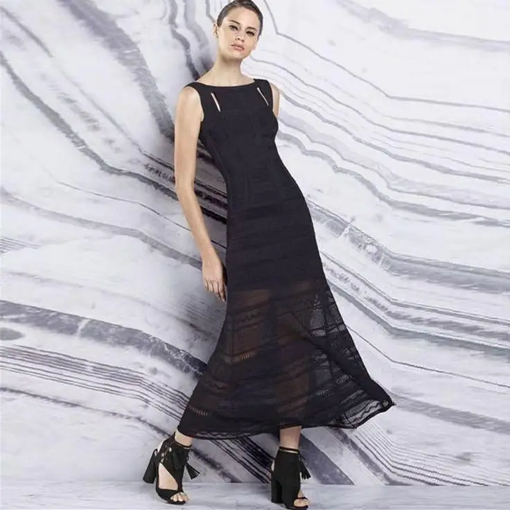 Top Quality Black Dark Green Sexy Sleeveless Hollow Out Rayon Ankle Length Bandage Dress Party Fashion