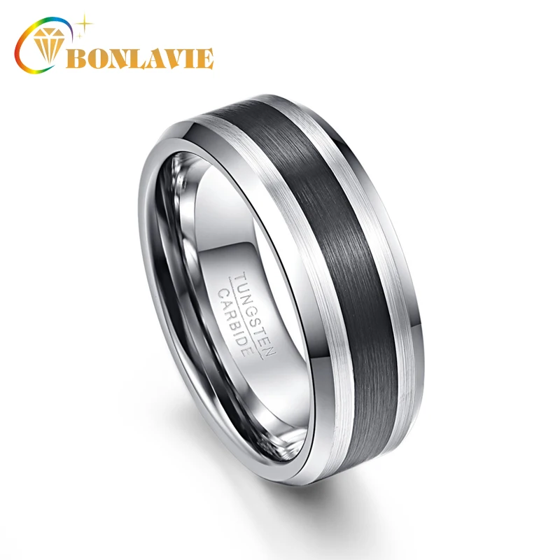 

BONLAVIE Men's Ring 8mm Black Brushed Finish Beveled 100% Tungsten Carbide Wedding Bands Rings for Men Black Silver Size 5 to 14