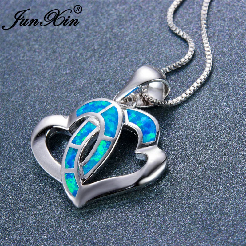 

JUNXIN Love Infinity Blue Fire Opal Double Heart Pendant Necklaces Women 925 Sterling Silver Filled Engagement Choker Necklace