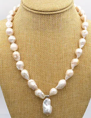 

Free shipping hot sale Women Bridal Wedding Jewelry >>Genuine Natural 12-14mm South Baroque White Pearl Pendant Necklace 18