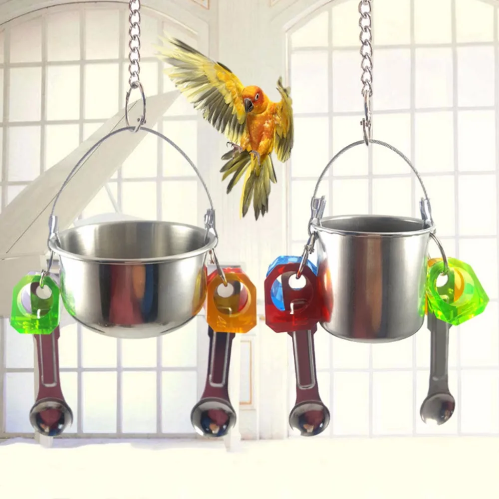 Bird Parrot Feeder Perch Food Water Feeder Stainless Steel Container Cup Spoon Toys Birds ...