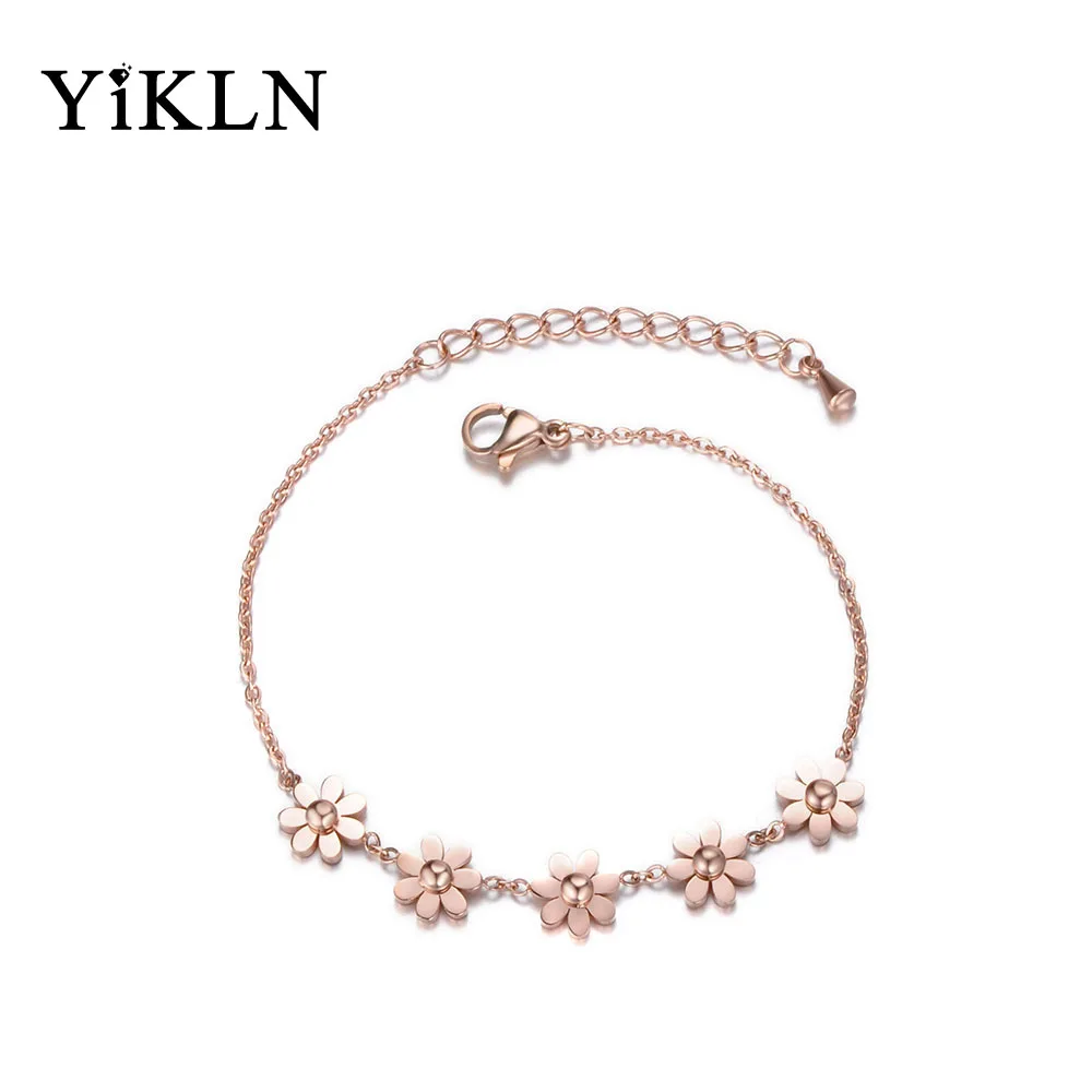 

YiKLN Trendy Titanium Steel Daisy Charm Bracelets & Bangle For Women Girls Rose Gold Color Chain Link Bracelet Jewelry YB17066