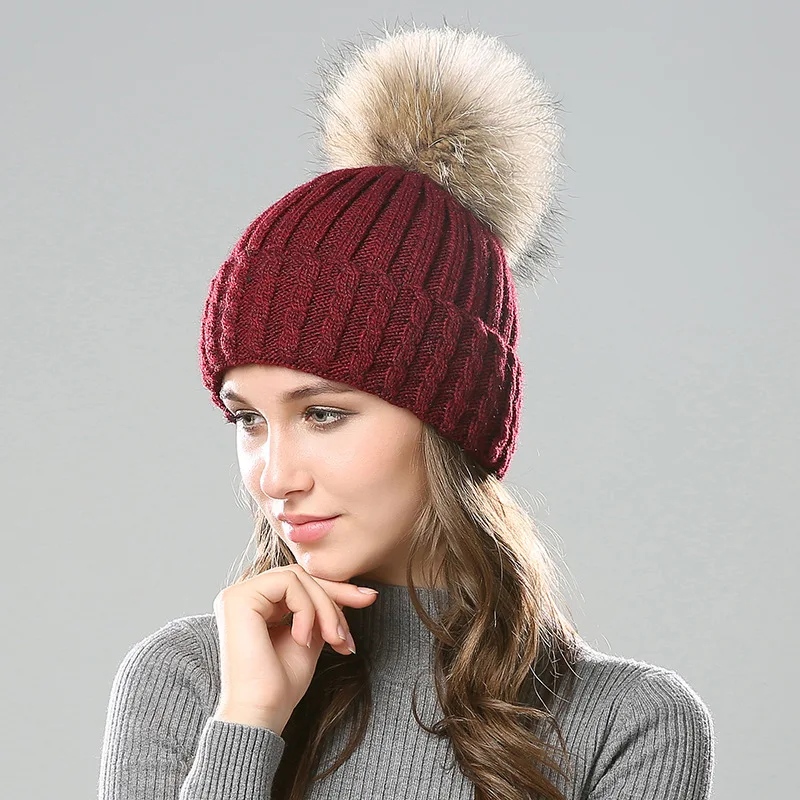 

warm Hat Women's winter beanies Knitted Wool Skullies Fluffy Pompom Ball Beanie Soft Cotton Female Thick Baggy Bonnet Outdoor