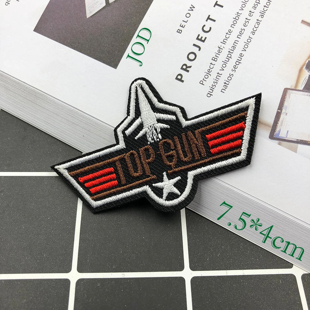 

JOD 7.5*4cm TOP GUN Embroidery Tactical Military Patch Applique Iron on Decorative Biker Patches for Clothing Jacket Stickers @
