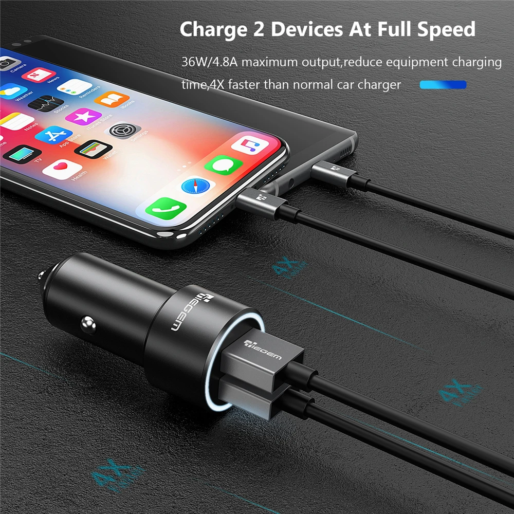 TIEGEM المزدوج USB سيارة مهايئ شاحن المعادن البسيطة سيارة-شاحن الهاتف المحمول سيارة شاحن يو اس بي السيارات تهمة QC3.0 36 واط ل سامسونج فون
