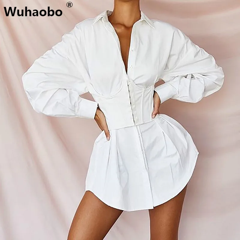 

Wuhaobo Fashion Solid Turn-down Collar Mini Dresses Womens Long Sleeve Loose Button Design Casual Dresses Lady 2019 New