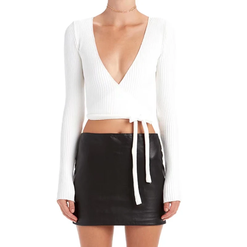 

Hot Sale 2017 Fashion Low Front deep V-neck Waist Drawstring Wrap Crop Top Tee Full Lenrth T-shirt Women Clothing Tee