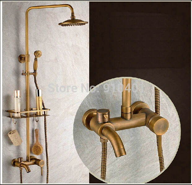 Brass Antique Wall Mount Shower Set Faucet Single Handle with Handshower Shelf Bathroom Shower Mixer Tap