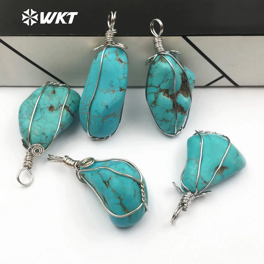 WT-P1431 WKT Эксклюзивный! дизайн натуральный зеленый howlite кулон с серебряной металлической проволокой обернутый в разные формы для девушек ювелирные изделия