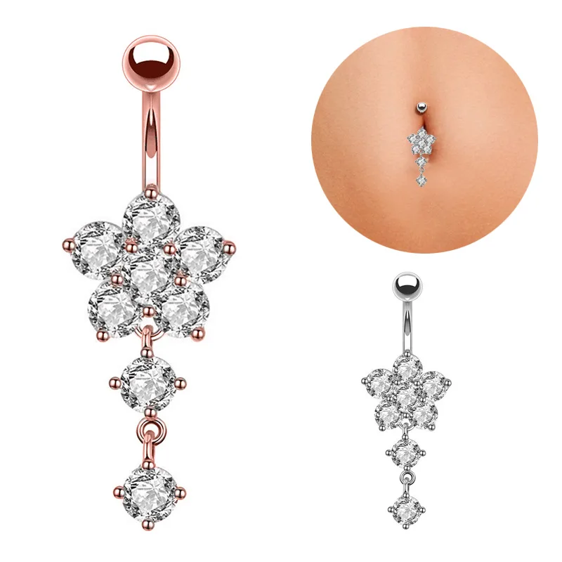 

Women Navel Belly Piercing Ombligo Nombril Button Rings Percing Piercings Ring Pircing De Umbigo Ombelico Pirsing Zircon Flower