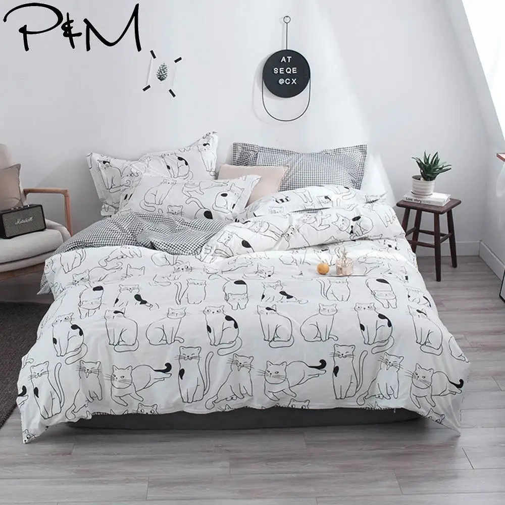 

2019 Cartoon Black White Cats Brief Duvet Cover Set Twin Queen King Size Cotton Bedding Set Flat Sheet Bedlinens Bed Cover