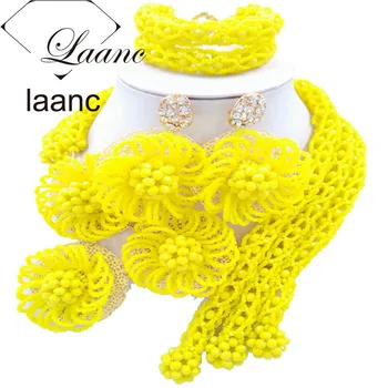 

Laanc Fashion Nigerian Yellow Jewelry Set Crystal African Wedding Beads Flower Necklace and Earrings FBFE012