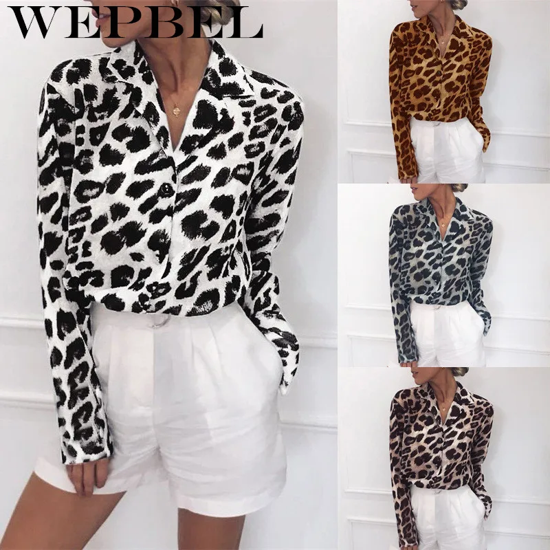 

Wepbel Chiffon Blouse Long Sleeve Sexy Leopard Print Blouse Turn Down Collar Lady Office Shirt Tunic Casual Loose Tops
