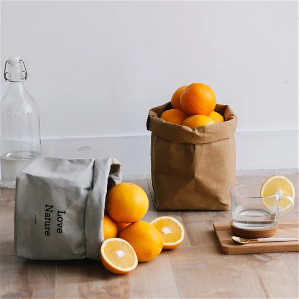 

Ins Vintage Washable Kraft Paper Storage Bag Home Foldable Bread Fruit Storage Pouch Nordic Style Flower Plant Pot Tote