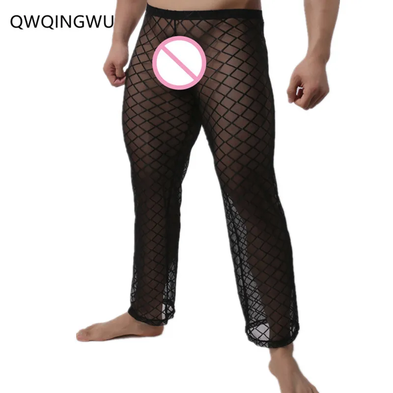 

Long Johns Fashion Grid Fishnet Men Sexy See Through Pants Gay Male Funny Sheer Long Pajama Comfortable Sleep Bottoms Long Johns