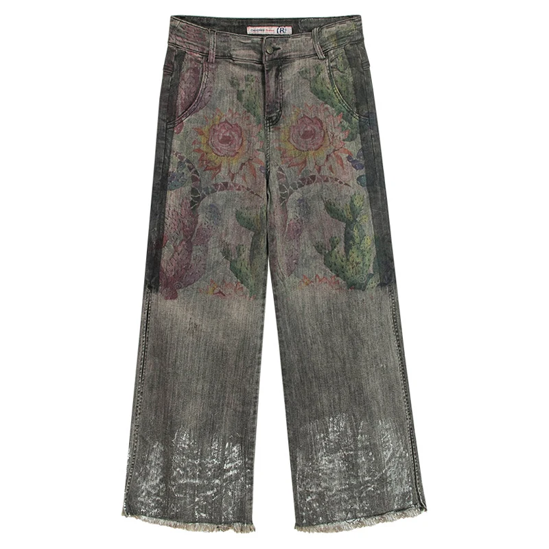 

Spring Fall Casual Women High Waisted Wide Leg Printed Floral Placket Denim Trousers , Slim Tassel Elastic Jeans Pants For Woman