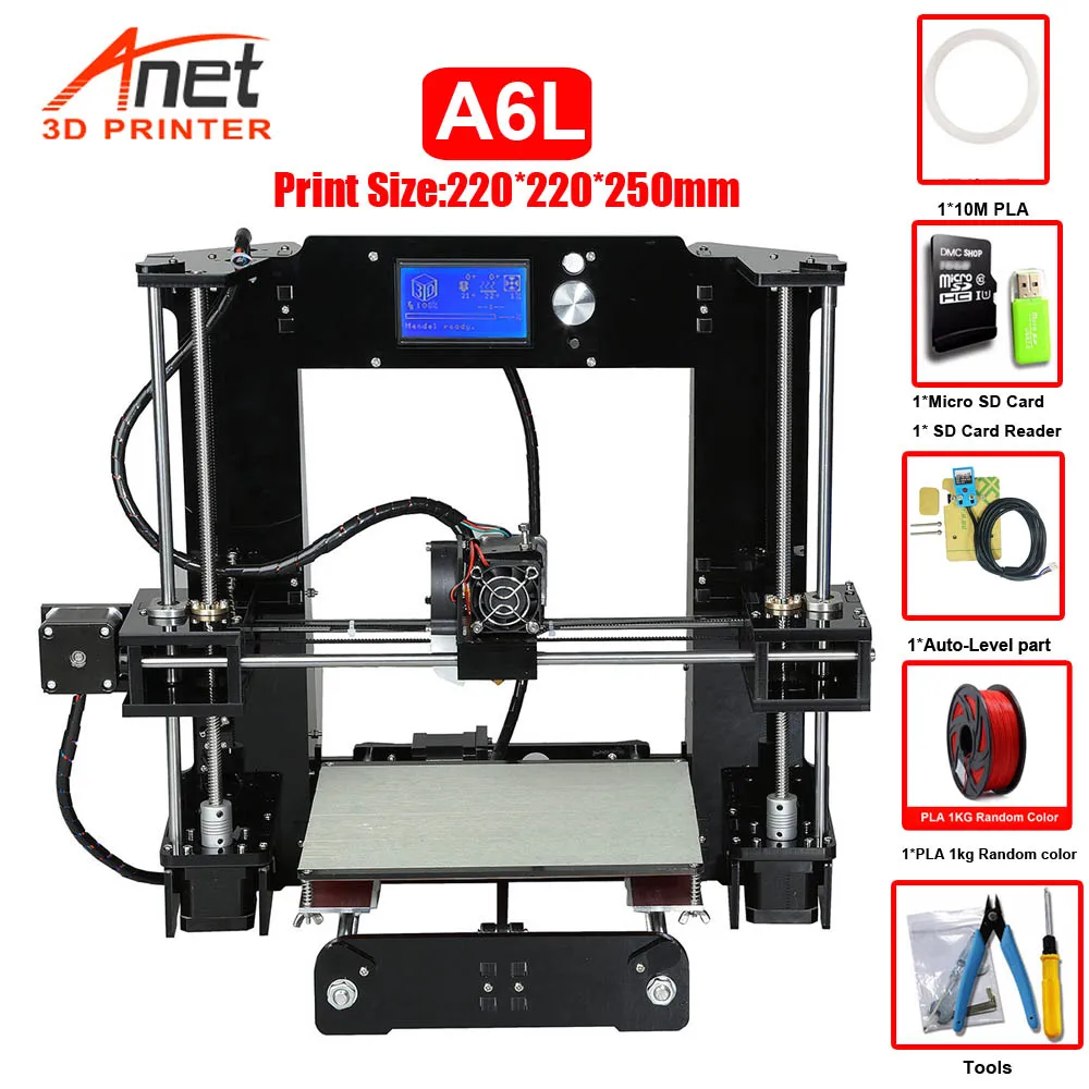 Anet A6 A6L авто-выравнивание DiY 3d принтер Высокая точность Reprap i3 DIY с нитью большой размер печати 220*220*250 мм - Цвет: A6L With 1KG PLA