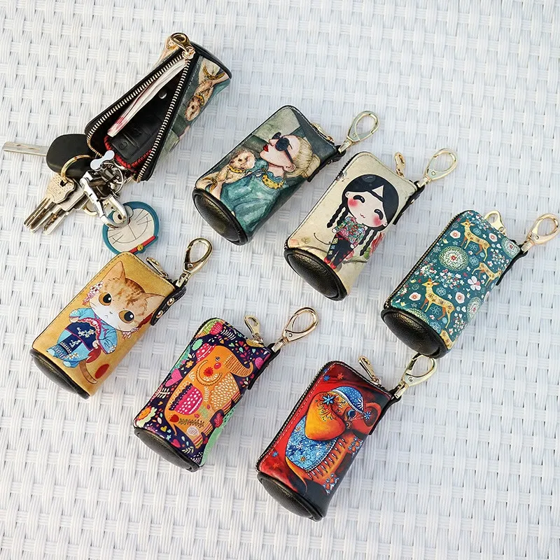 

Women's Key Wallets Multi-function Cute Zipper Painted Cartoon Mini Cylinder Key chain Small purse