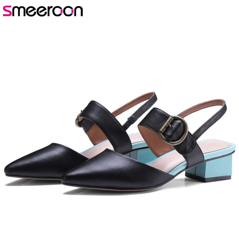 

Smeeroon new arrival genuine leather women sandals pointed toe buckle summer shoes mixed colors med heels casual shoes woman