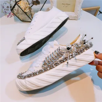 

European station new water drill heavy industry pure manual string pearl flat bottom canvas shoes 100-lap leisure wind thick-sol
