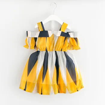 

2018 Brand Summer Girls Print Beach Dress Kid School Cute Off Shoulder Perform Dance Dress Girls Wedding Princess Dress