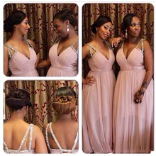 New Pleated Deep V Neck Crystal Chiffon Transparent Long Bridesmaid Dress Plus Size Prom Gown Wedding Criss Cross Straps Custom New Pleated Deep V Neck Crystal Chiffon Transparent Long Bridesmaid Dress Plus Size Prom Gown Wedding Criss Cross Straps Custom