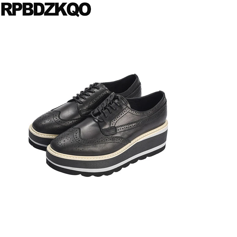 

lace up creepers genuine leather platform wedge shoes customized pumps medium heels women oxford handmade round toe high brogue
