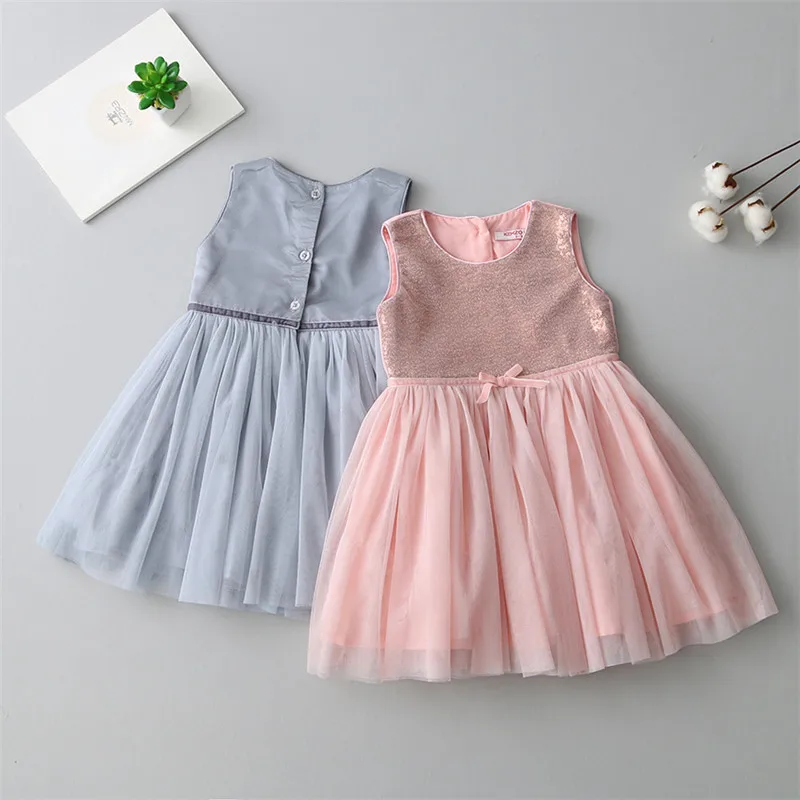 

2-6 Years Summer Little Girl Vest Dress Sleeveless Bow Pattern Cotton Sequin Dress Chlidren Clothes Kids Baptism Party Vestido