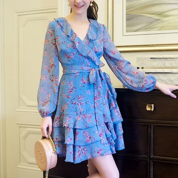

Short Wrap Dress Women Floral Prin Dress 2019 Prairie Chic Sexy V Neck Lantern Long Sleeve Dress Female Blue Ruffles Boho Dress