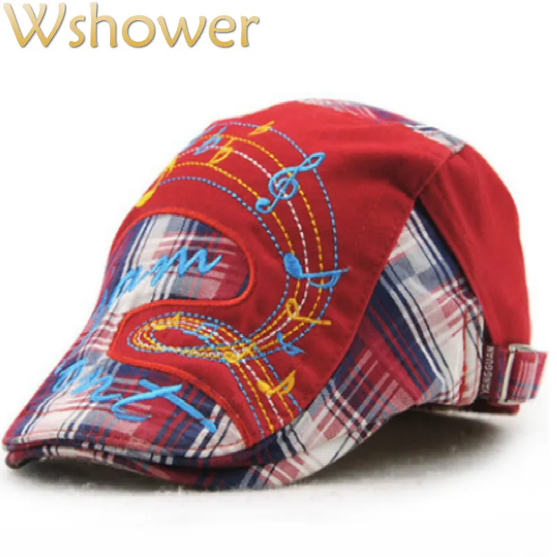 Red Royal Blue Orange Embroidery Music Character Children Plaid Berets
