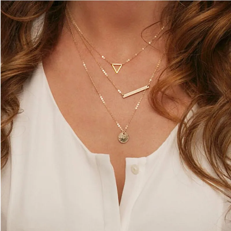 

2018 Multilayer Necklaces Triangle Round Fashion Multi Layer Chain Necklace For Women Everyday Jewelry Fashion