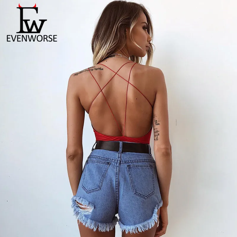 

Evenworse 2019 women summer solid color cross bandage backless cotton sexy low cut bodysuits fashion casual party cute bodycon