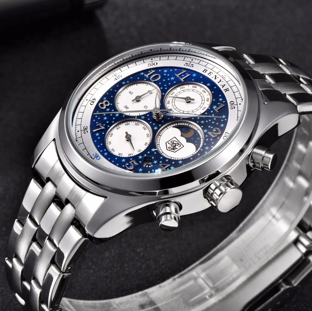 

Benyar Stainless Steel Men's Chronograph Watch Luxury Brand Waterproof Sport Quartz Military Male Wrist Watch Men Clock saat