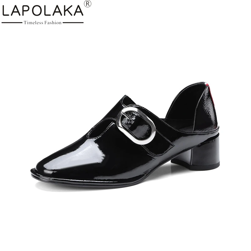 

LAPOLAKA New Fashion Genuine Leather Square Med Heels Solid Round Toe Shoes Woman Casual Spring Pumps Black Big Size 34-43