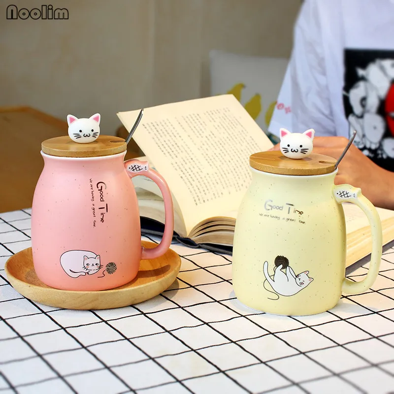 NOOLIM, 4 цвета, супер милая термостойкая чашка с изображением кота, мультяшная чашка с крышкой, керамическая кружка для котенка, молока, кофе, детская чашка, офисные подарки