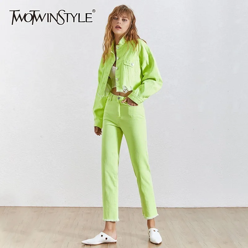 

TWOTWINSTYLE Summer Denim Two Piece Sets Women Long Sleeve Lapel Collar Jackets High Waist Jeans Suits Female 2019 Fashion New