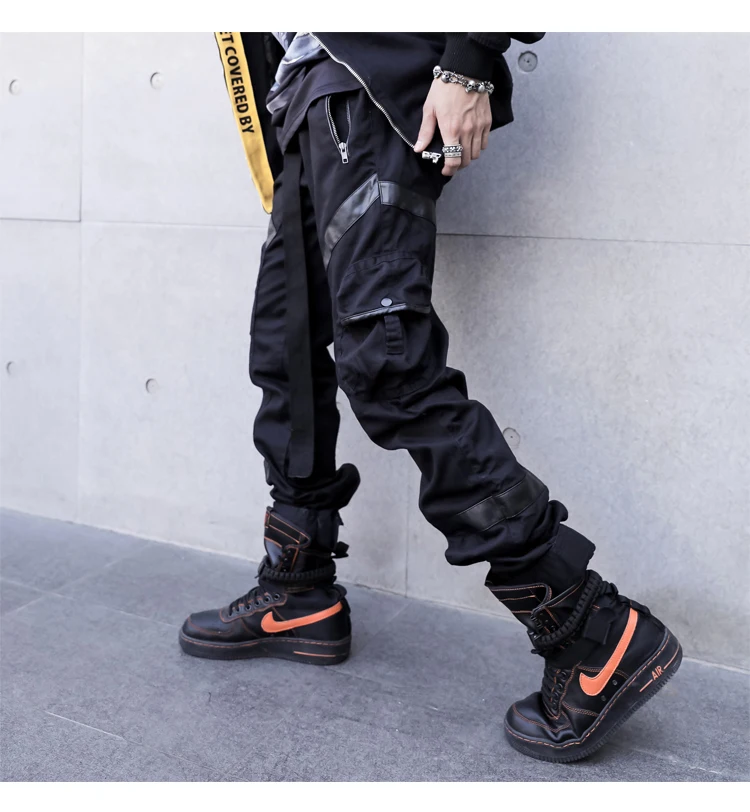 Мужские Кожаные Брюки с карманами, облегающие джоггеры, повседневные штаны с гарем Карго, модные уличные мужские спортивные штаны в стиле хип-хоп