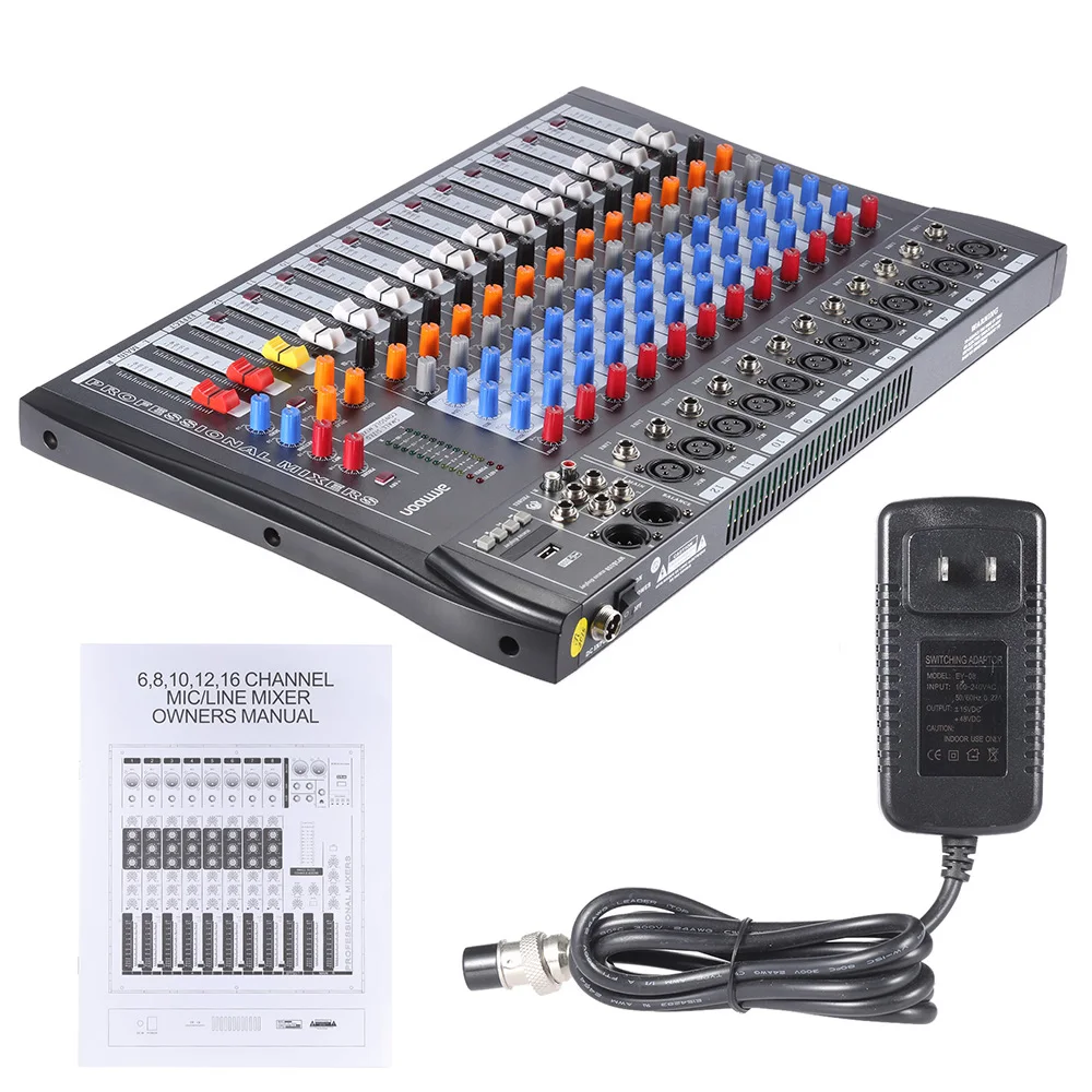 ammoon 12 Channels Mic Line Audio Guitar Mixer Mixing Console USB XLR Input 3-band EQ 48V Phantom Power with Adapter | Спорт и