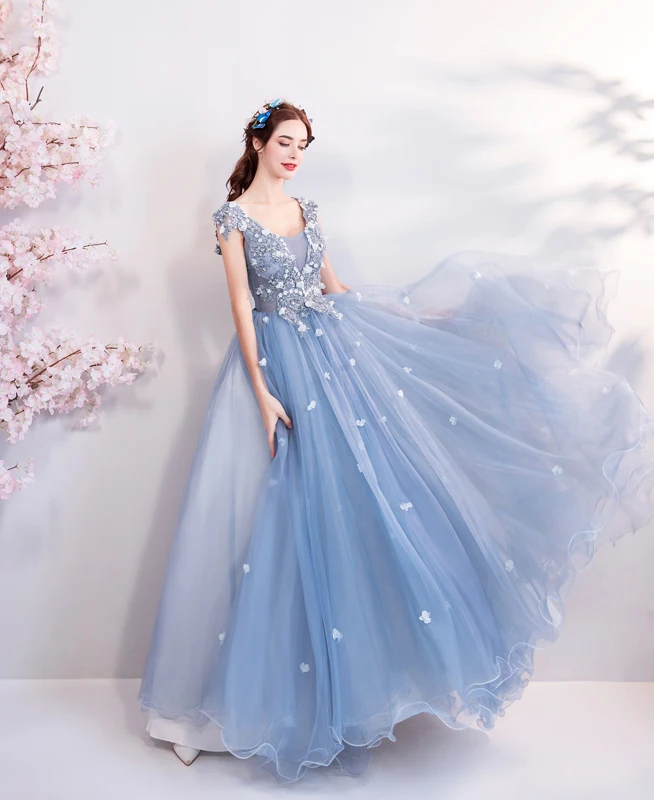 Blue Evening Dresses Elegant V Neck Lace Applique Beads Crystal A line Sleeveless Long Prom Gown Graduation Walk Beside You