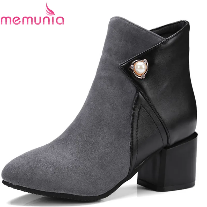 

MEMUNIA 2018 top quality flock pointed toe short plush autumn winter boots women zipper Pearl elegant high heels dress shoes