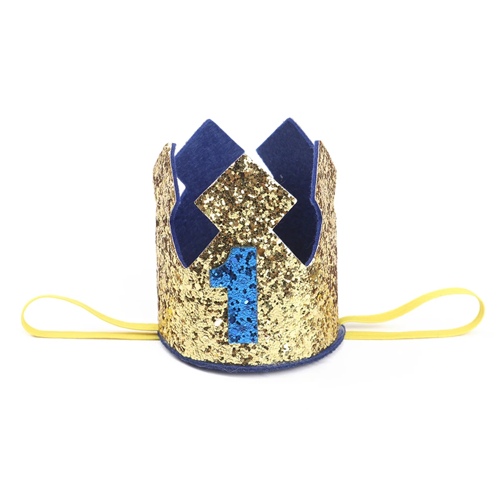 Blue Gold Boy First Birthday Hat Glitter Princess Crown Number 1st 2 3 Year Old Party Baby Shower Decor Headband Kids Gifts