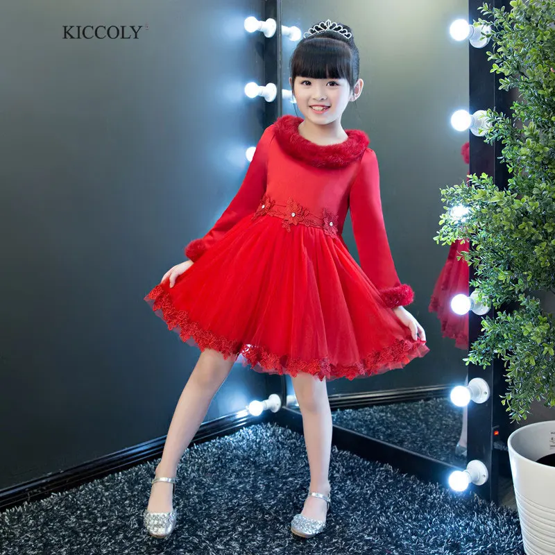 

KICCOLY Plush O-neck Little Flower Girls Dresses For Wedding Baby Party Children Long Sleeves Dress Kids Prom Evening Gowns 2018