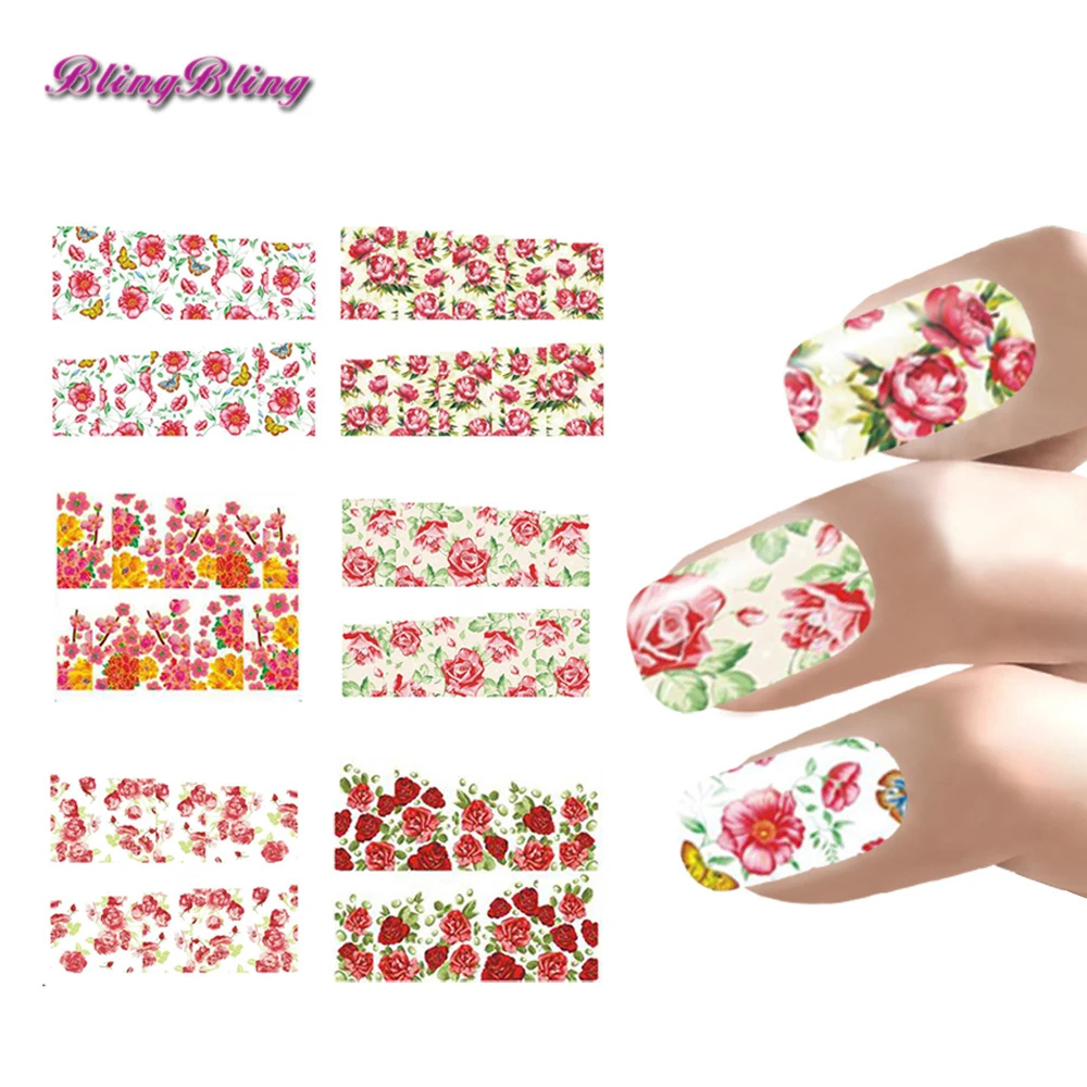 6sheets Flowers Nail Art Stickers Decals For Nails Rose Peony Design