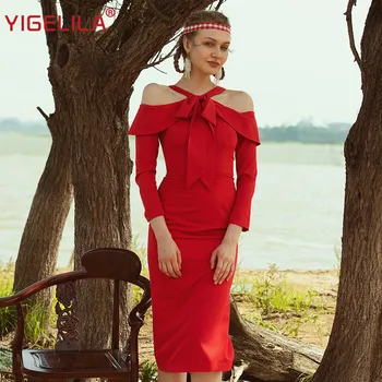 

YIGELILA 2019 Fashion Women Bodycon Party Dress Autumn Solid Halter Off Shoulder Bow Empire Slim Mid Length Red Long Dress 63886