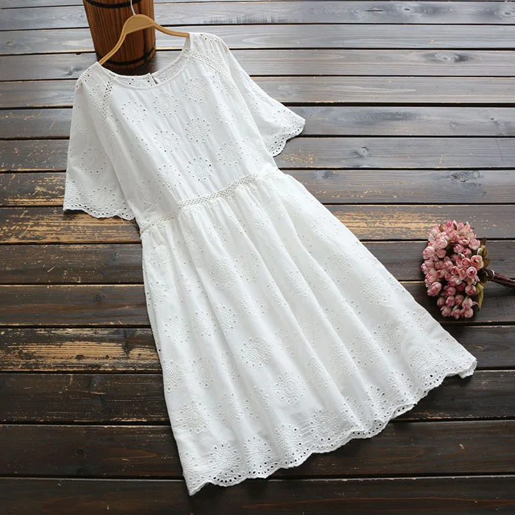 6094 new summer women's art retro retro hollow out embroidery solid color cotton dress