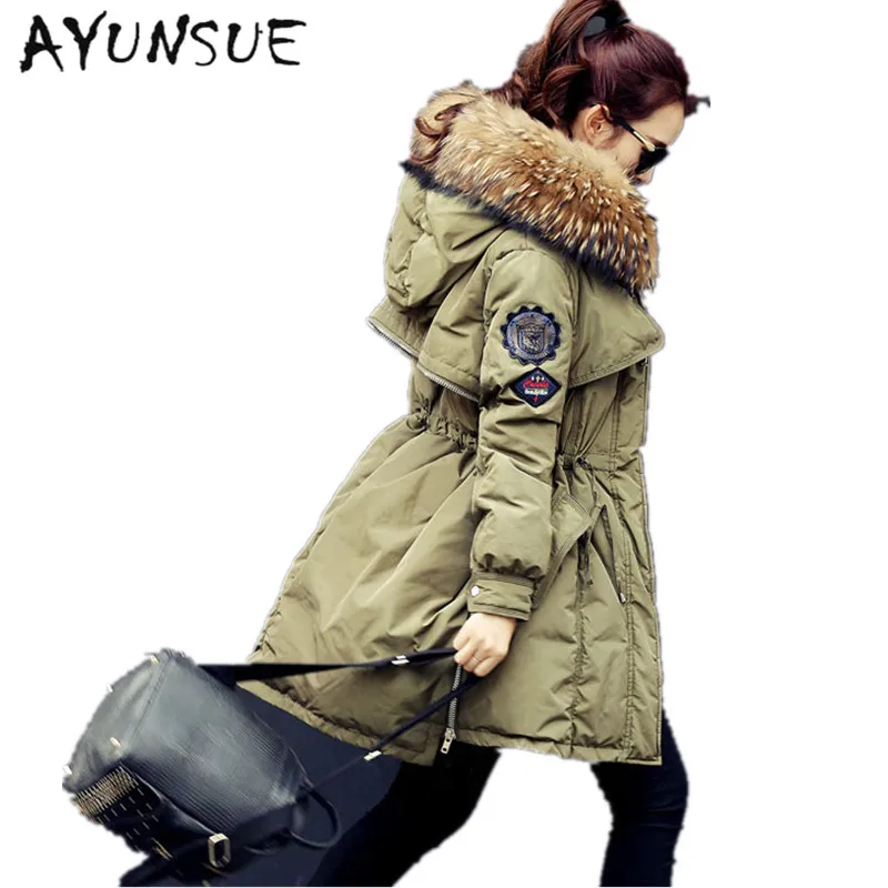 

2019 Brand Raccoon Fur Winter Coat Women Long Duck Down Army Green Abrigos Mujer Parka North Veste High Quality Jacket WD0151