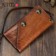 AETOO-cartera larga de cuero retro para hombre y mujer, bolso de mano multifuncional de primera capa de cuero, con cadena antirrobo