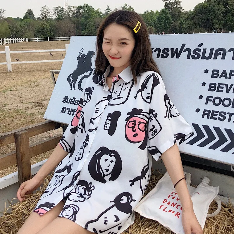 

2019 Korean Style blusas mujer de moda Cartoon Print Turn-down Collar Lapel Shirts Tops Button Loose blouses woman 2019